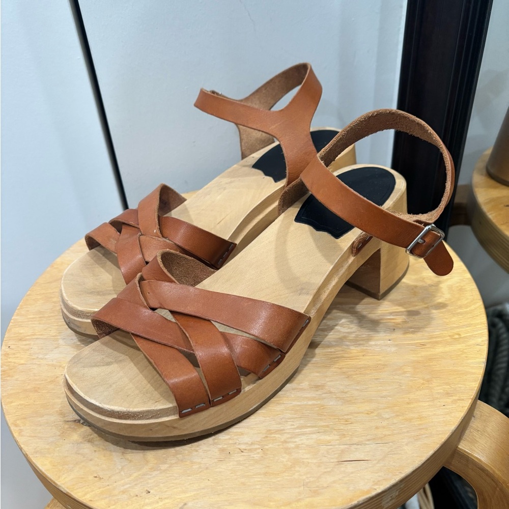 Swedish Hasbeens - Brown Strappy Clog Sandals with Wooden Heel